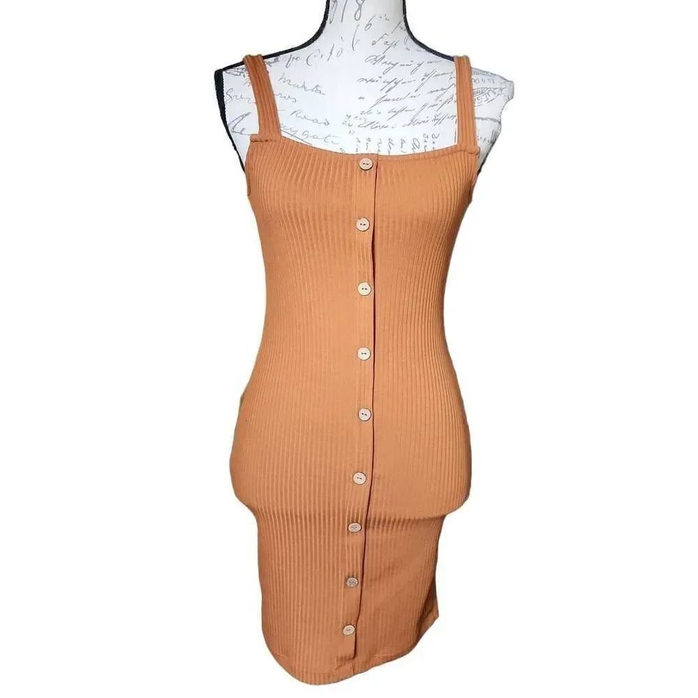 Iris Ladies Sz Small Rust Orange Ribbed Bodycon Button Down Tank Dress